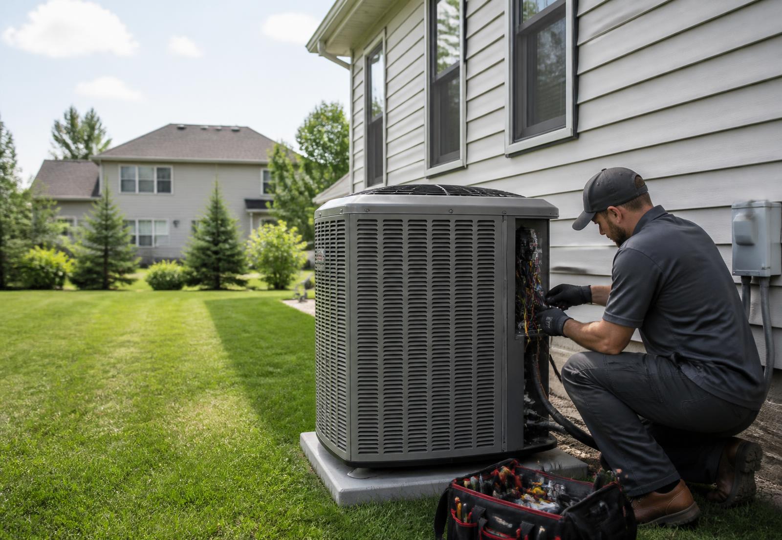 Keystone Comfort technician servicing an air conditioning condenser at a suburban home